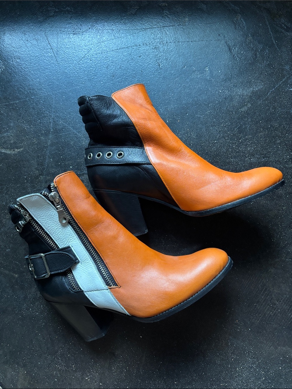Modern Vice Orange, Black and White Leather Ankle Boots